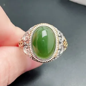 Vintage Design Silver Gemstone Ring for Men Daily Wear 10mm*14mm 6ct Natural Jade Ring 925 Silver Jade Jewelry with Gold Plated